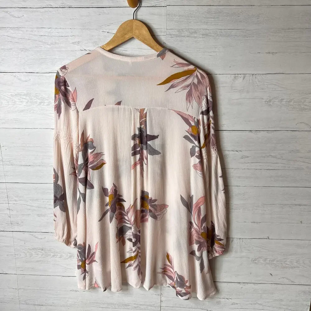 Free People Dress Womens Size XS Pink Floral Tree Swing Tunic Puff Sleeves
